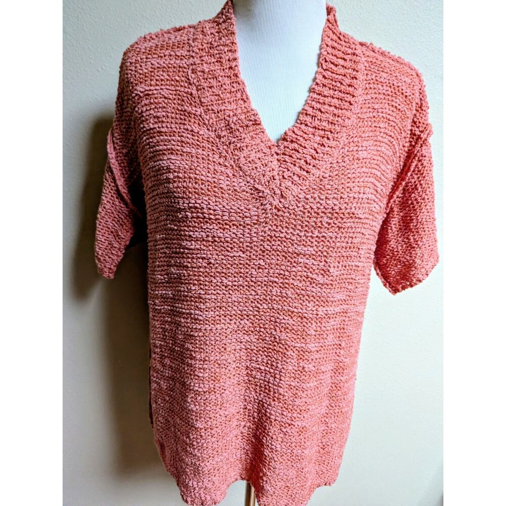 2 Chunky-Knit Oversized Pullover Sweaters - Short Sleeve Lightweight Pink/White